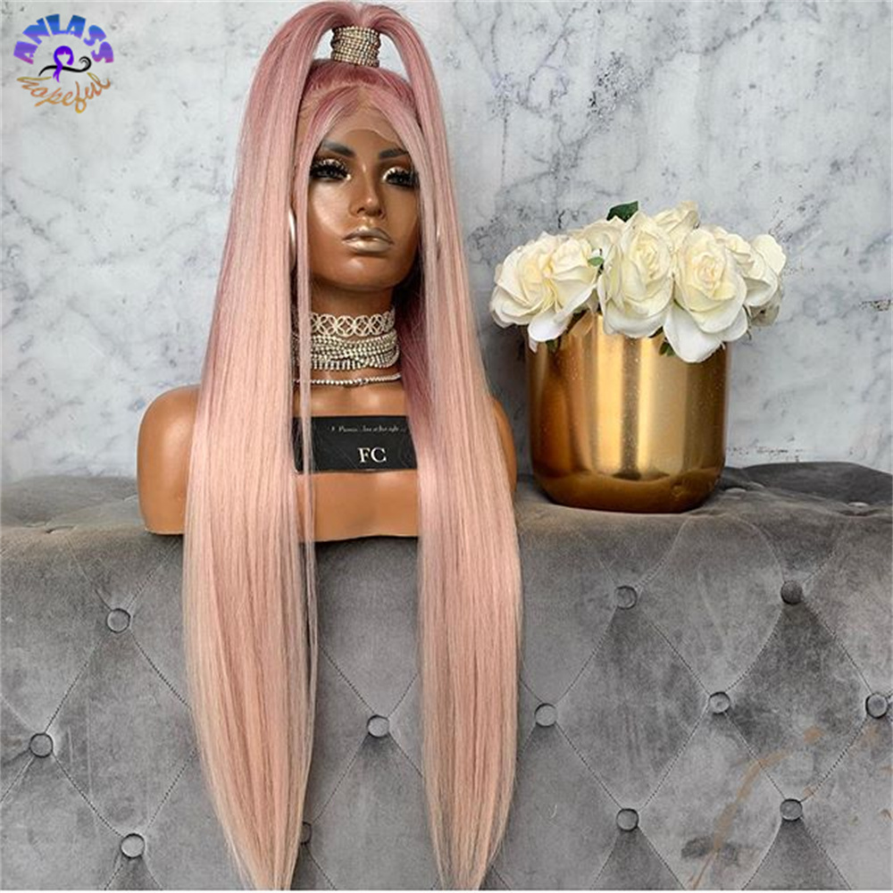 Long Straight Pink Colored Wig Natural Hairline Synthetic Lace front Wigs For Black Women Daily Cosplay Simulation Human Hair
