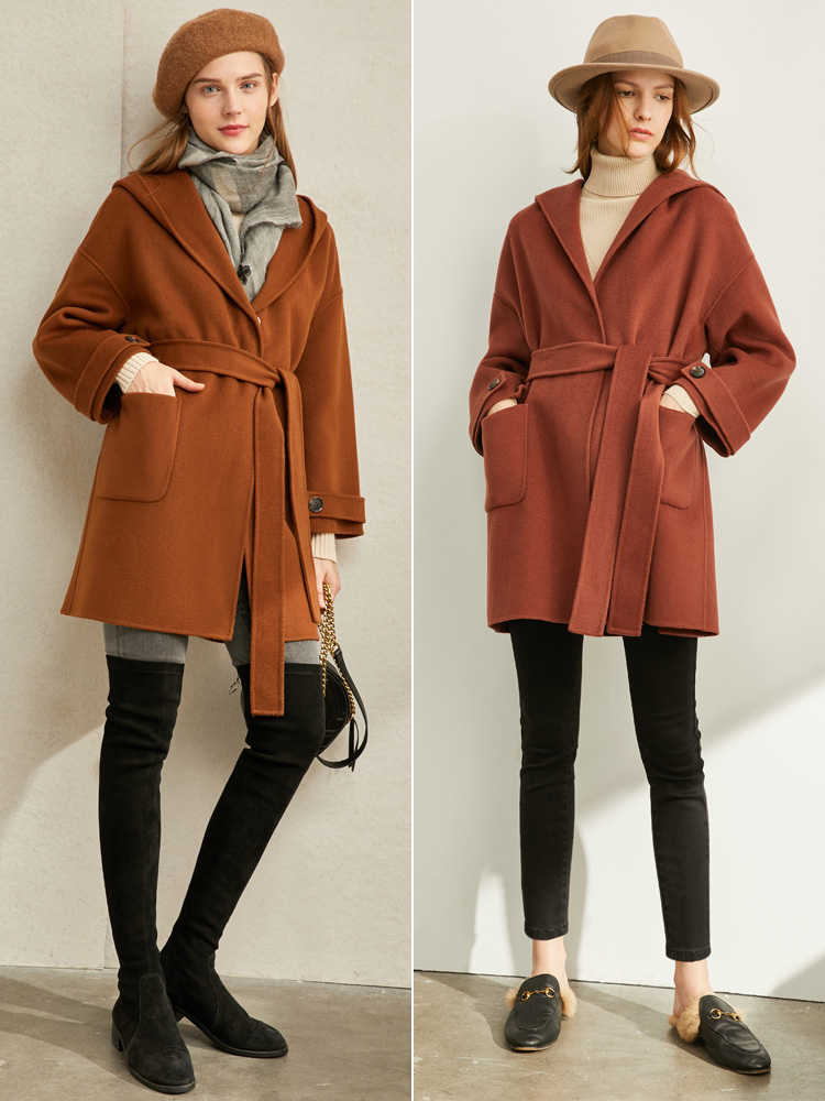 Amie French sheep hair double-sided coat winter with belted hooded all-wool Double Woolen Coat 11940580 210527