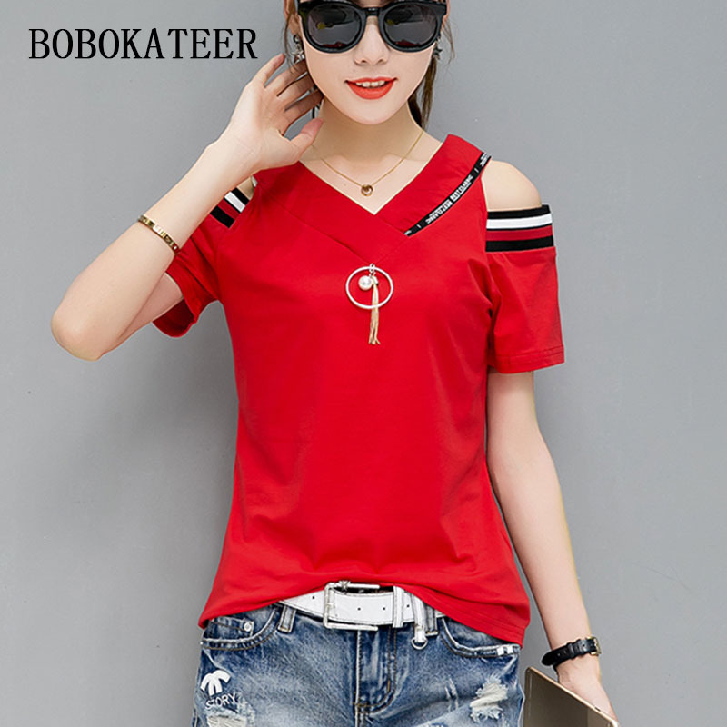 BOBOKATEER off the shoulder tops for women tshirt summer t-shirt cotton t shirt women shirts tee shirt femme camiseta mujer 210306