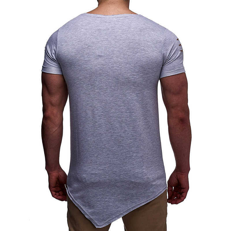 IceLion Spring Irregular Hole T Shirt Men Casual Long Fitness T-shirt Summer Short Sleeve Solid Slim Fit Men's Tshirt 210623