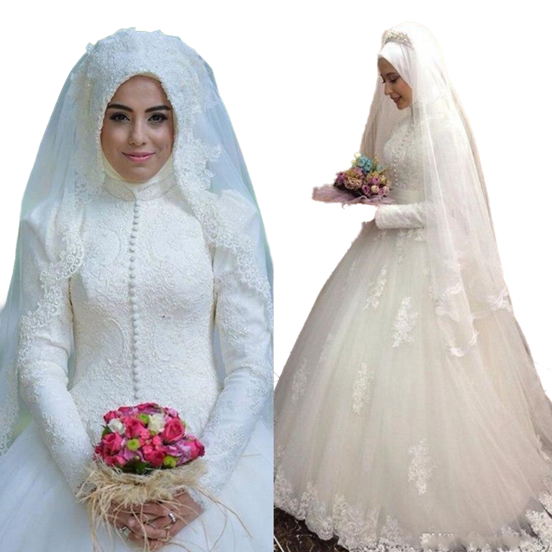 Vintage Muslim Ball Gown Wedding Dresses Long Sleeves High Neck Floral Lace Flower Bridal Gowns Saudi Arabia Islamic Wedding Dress Without Hijab