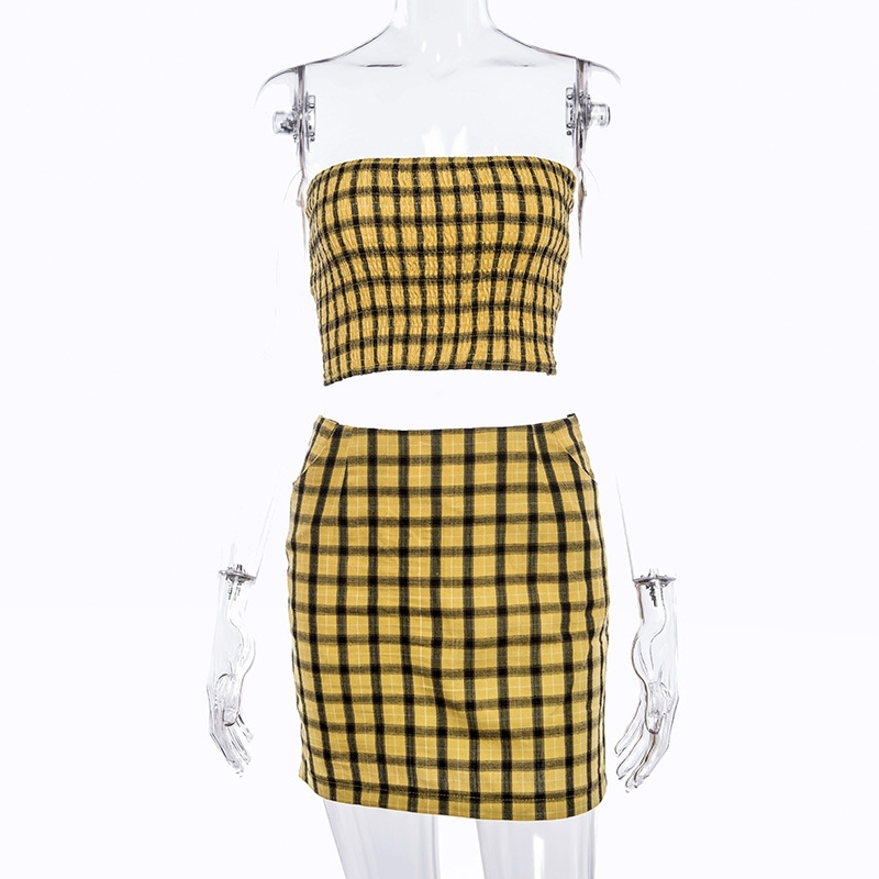 Sexy Plaid summer pencil skirts womens High Waist Two Piece Set Outfits Harajuku Party Beach Mini Skirt and Crop Top Coord Sets