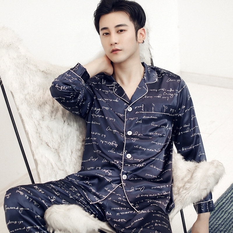 Silk Pyjama Set Men Sleepwear Satin Pajamas Unit Autumn Spring Home Suit Printed Lounge Pants Nightgown Sleep Clothes XXXL 201126