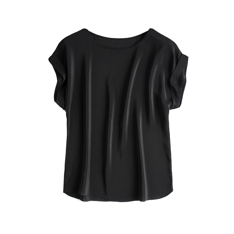 Women Real Silk T Shirt Short Bat sleeved Solid chiffon loose shirt 100% Natural silk Basic Top Plus size Summer bottoming 210306