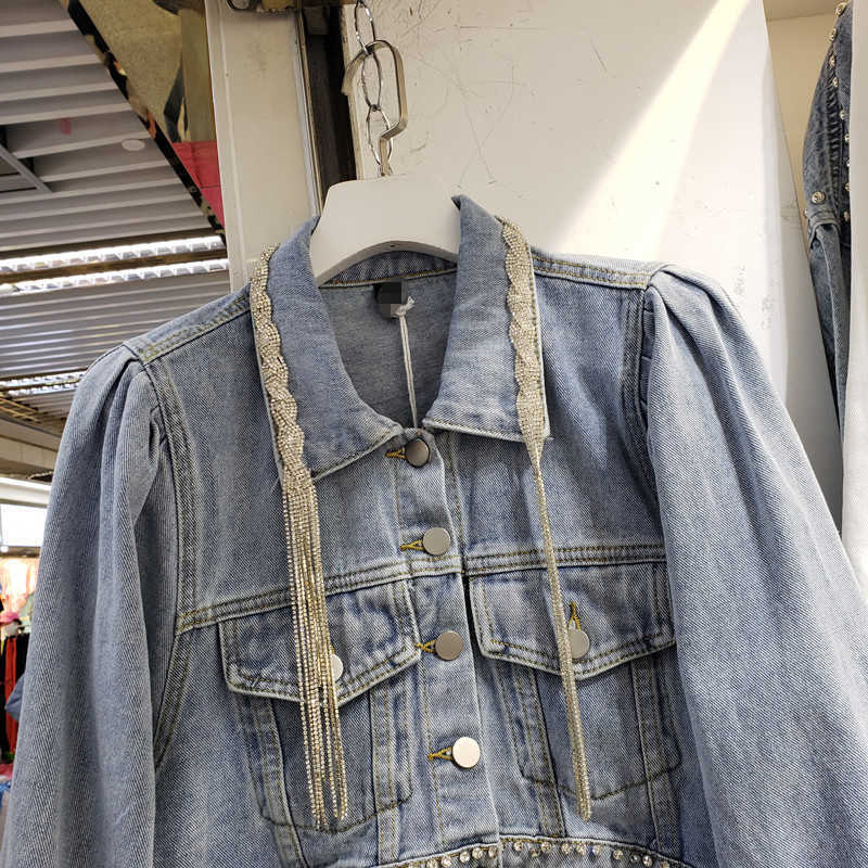 DEAT Women Diamonds Chain Denim Coat Arrivals Lapel Long Sleeve Fashion Temperament Spring Sautumn 11D1990 210709