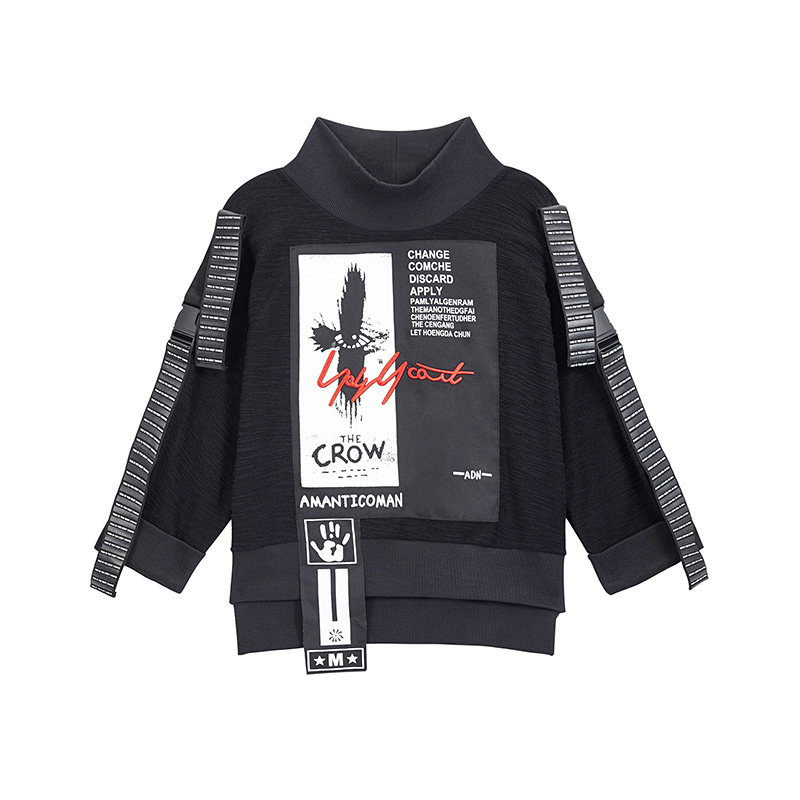Print Letter Pattern Sweatshirt Women Hoodies Korean Fashion Pullover Patchwork Ribbon Loose Casual Clothes Autumn Winter 201102