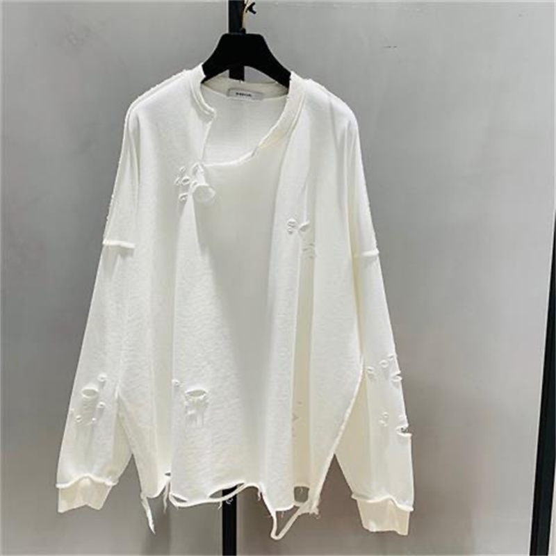 Korean Loose Pullover Shirts Women New Ripped Hole BF Loose Round Neck Long Sleeve Mid Length Top Casual Hoodie 210302