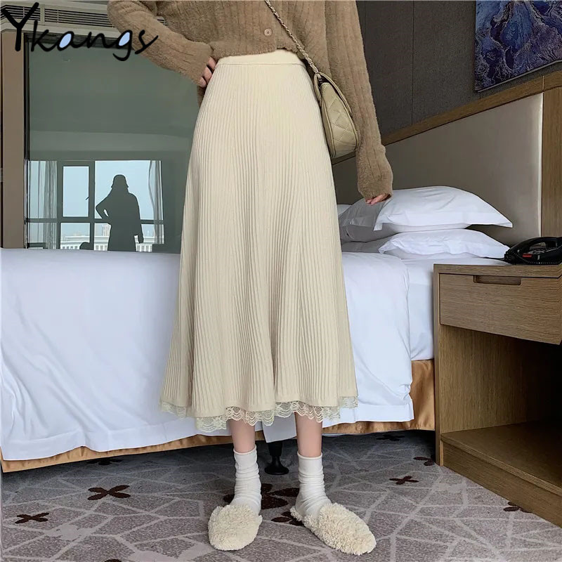 Women Winter A-Line Sweater Thick Long Skirt Female Autumn Black Pleated Skirt Koreany High Waist Elegant Lace Stitching 210311