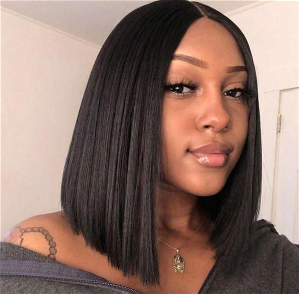 Middle Part Short Bob Lace Front Wig For Women With Baby Hair Jet Black Color Synthetic Wigs Natural Hairline