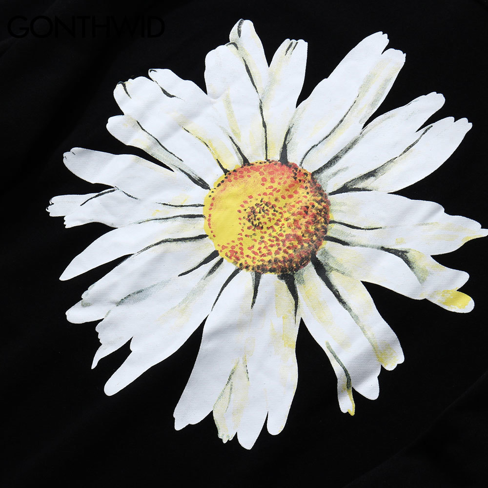 GONTHWID Harajuku Daisy Flowers Print Fleece Hoodies Sweatshirts Streetwear Men Hip Hop Casual Pullover Hooded Tops Fashion 201020