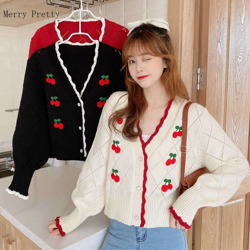 Cherry Embroidery Korean Women Short Knitted Pullover Sweaters Summer Long Sleeve V-neck Casual Sweet Style Girly Crop Top 210812