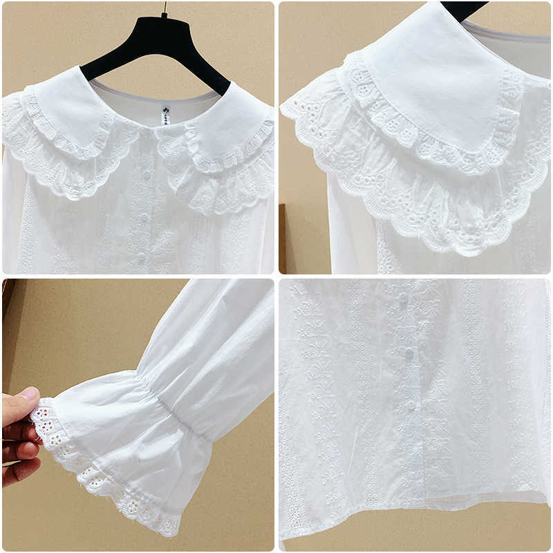 Sweet Cute Peter Pan Collar Single Breasted Flare Sleeve Shirt Spring Solid Women Blouses 210615Z