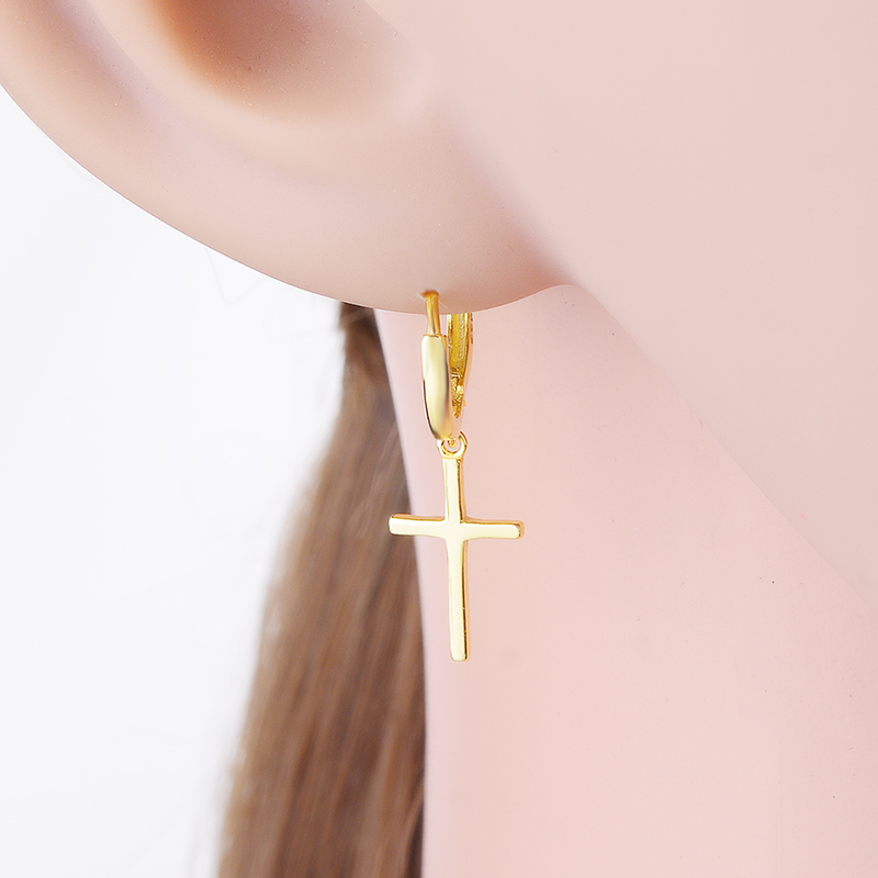 Women 925 Sterling Silver Gold Color Polishing Cross Dangle Hoop Earrings For Girls Fashion Luxury Round Jewelry Gift
