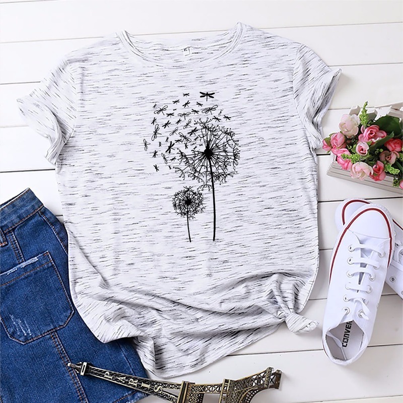 JCGO Summer Women T shirt Cotton Plus Size 5XL Short Sleeve Dragonfly Dandelion Print Female Loose Casual Large t-shirt Top Tees 210302
