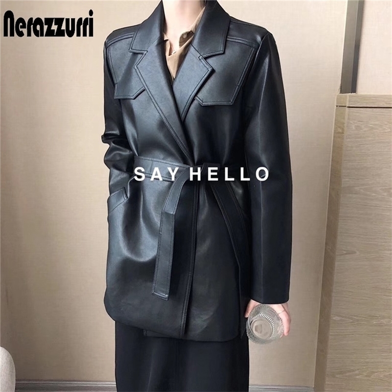 Nerazzurri Loose pu faux leather blazer women fall with belt long sleeve Black oversized leather jacket women 5xl 6xl 7xl 201020