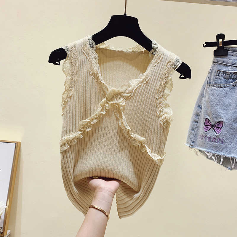 Sleeveless Solid Blouse Summer Spring Casual V-neck Thin Knitted Vest Women's Shirt Fashion Loose Ladies Tops Blusas 13637 210528wtt