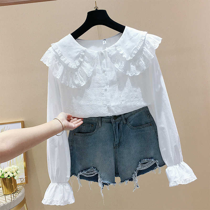 Solid Sweet Top Peter Pan Collar Flare Sleeve Blouse Women Single Breasted Full Shirt 210615