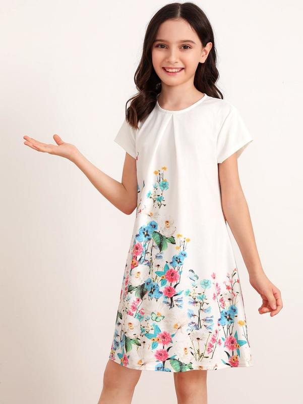 Girls Pleated Detail Floral Print Trapeze Dress SHE
