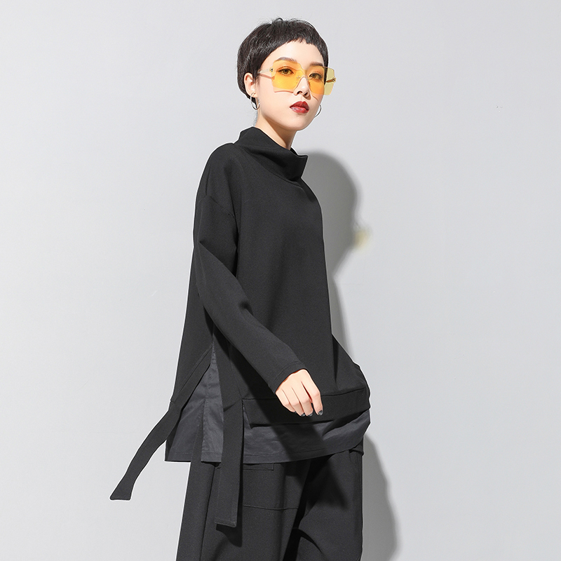 [EAM] Loose Fit Asymmetrical Oversized Sweatshirt New High Collar Long Sleeve Women Big Size Fashion Spring Autumn 19A-a124 201102