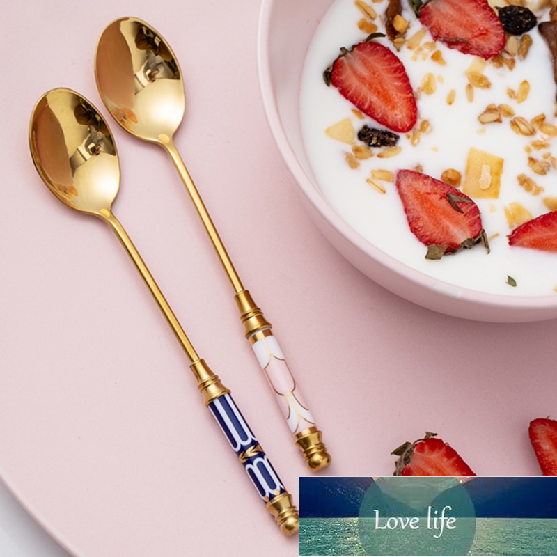 Elegant Stainless Steel Coffee Spoons Ceramic Long Handle Spoon Stirring Spoons Gold-plated Dessert Food-grade New