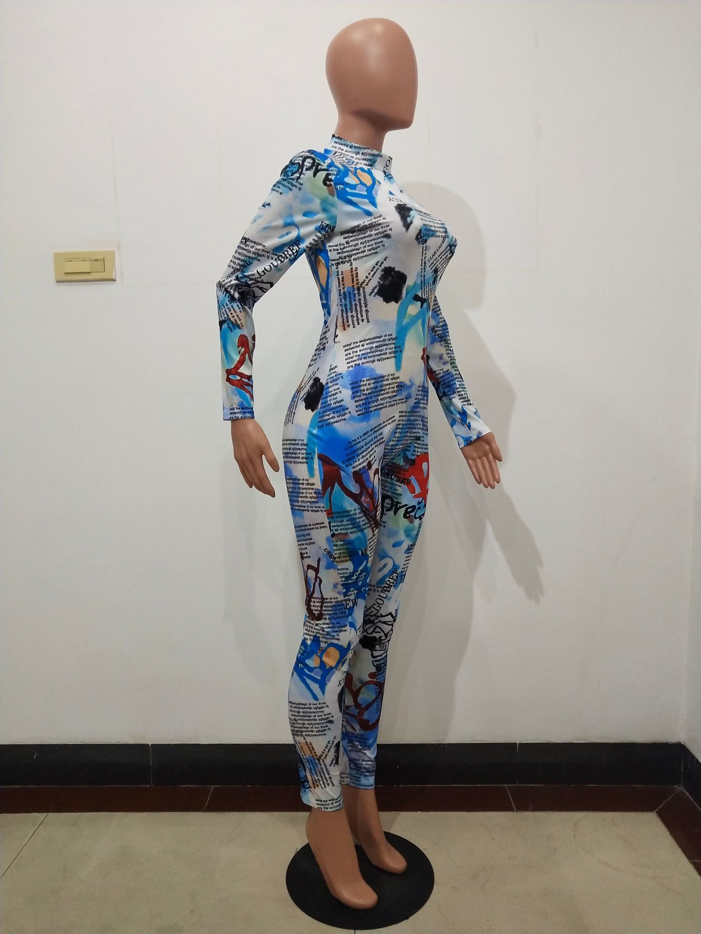 Joskaa fall new sexy letter Printed LongSleeved rompers turtleneck zipper waist sheath sports casual womens Jumpsuit 201007