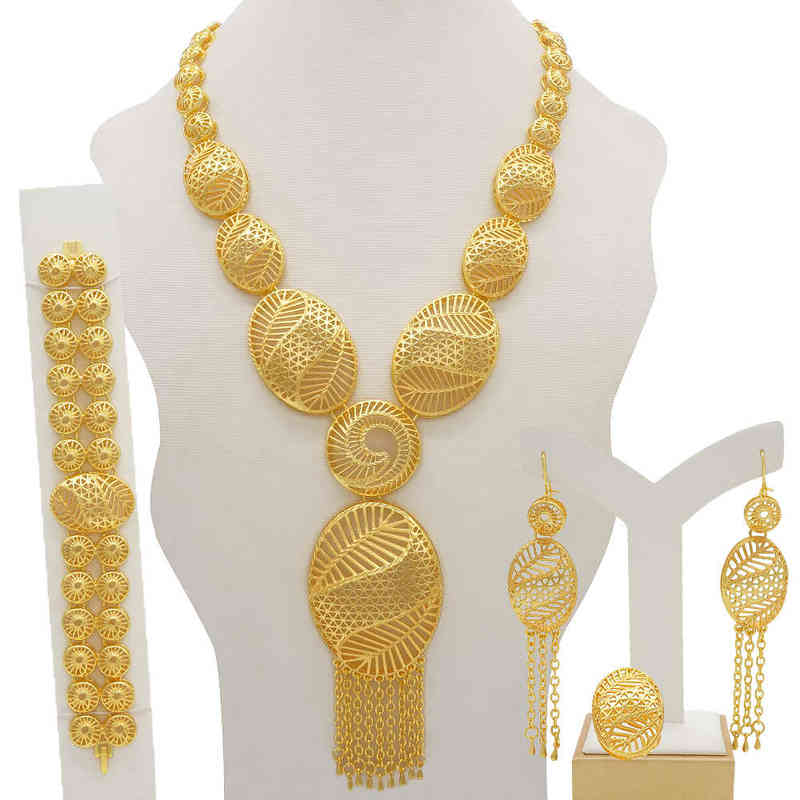Gold Long Necklace/Earrings/Ring Big Jewelry Set Women Gold Color Arab Jewelry Wedding Accessories 211204