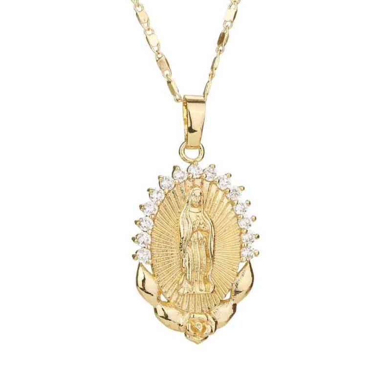 Holy Virgin Mary Pendant Necklace Religion Dainty Golden Christian Cubic Zircon Necklace Women Collier Femme Christian Jewelry G1206