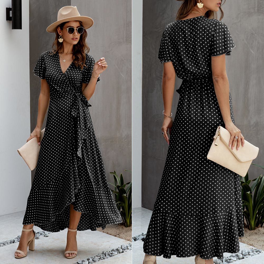 Summer Maxi Dress Women Polka Dot Sexy V Neck Ruffles Short Sleeve Holiday Long Beach Sundress Ladies Lace Up Wrap Party Dresses 210309