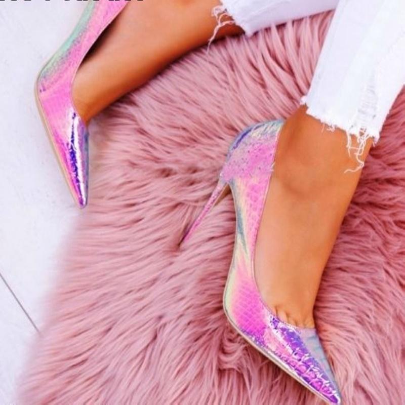 Dress Shoes Sexy Iridescent Snakeskin High Heel Pump Hologram Patchwork 12cm Stiletto Heels Python Printed Pointy Toe