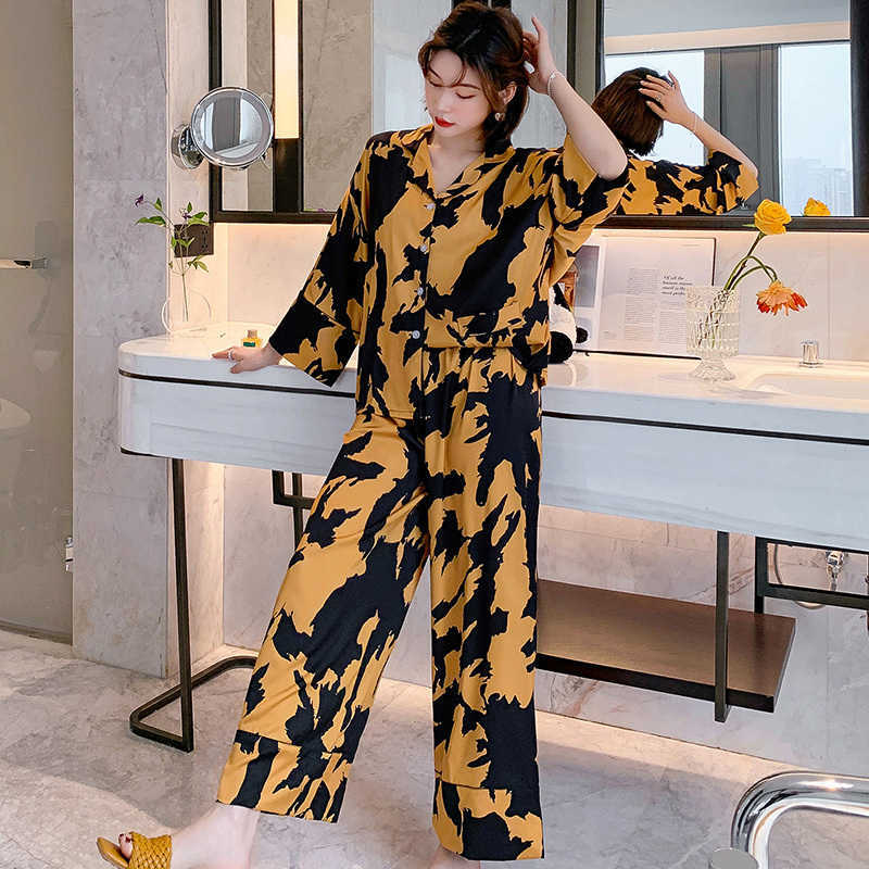 pyjamas loungewear Sleepwear silk Women's home clothes two piece sets nighty for ladies Long Sleeve Sleeping Shirt 210924