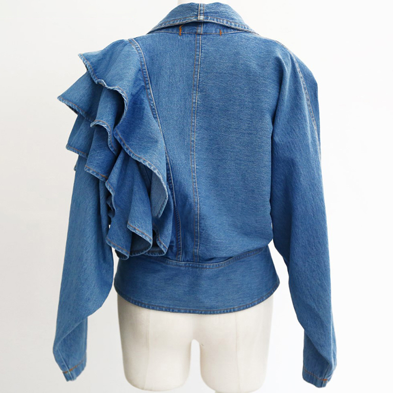 TWOTWINSTYLE Patchwork Ruffle Tunic Shirt For Women V Neck Half Sleeve Denim Blouse Female Fashion New Clothing Autumn Tide 210225