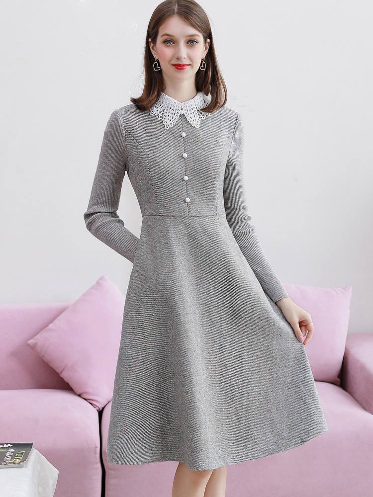 Only Plus Winter Woolen Vintage Grey Dress ALine Elegant Slim Lace Up Button Dresses Warm Office Lady Knee Female Vestidos 210303