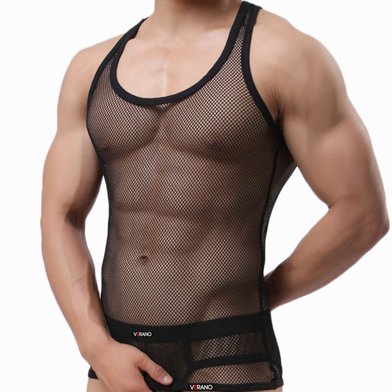 Sexy Men Singlet Transparent Undershirt See Though Sleeveless Shirt Breathable Bodybuilding Fitness Vest Tank Top Men Mesh 210308