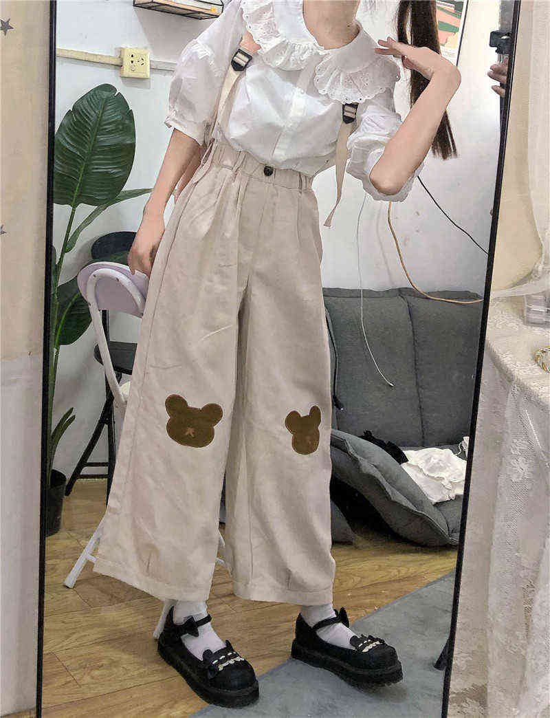 Japanese Kawaii Women Soft Girl Pants Korean Teen Girls Loose Thin Cartoon Bear Embroidery Wild Casual Female Cute 211115