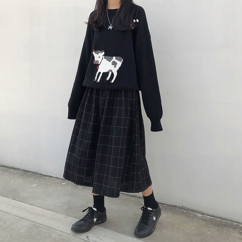 2 colors japanese style high elastic waist Long Skirts Woman autumn winter plaid A-line pleated Skirts womens (X1078) 210309