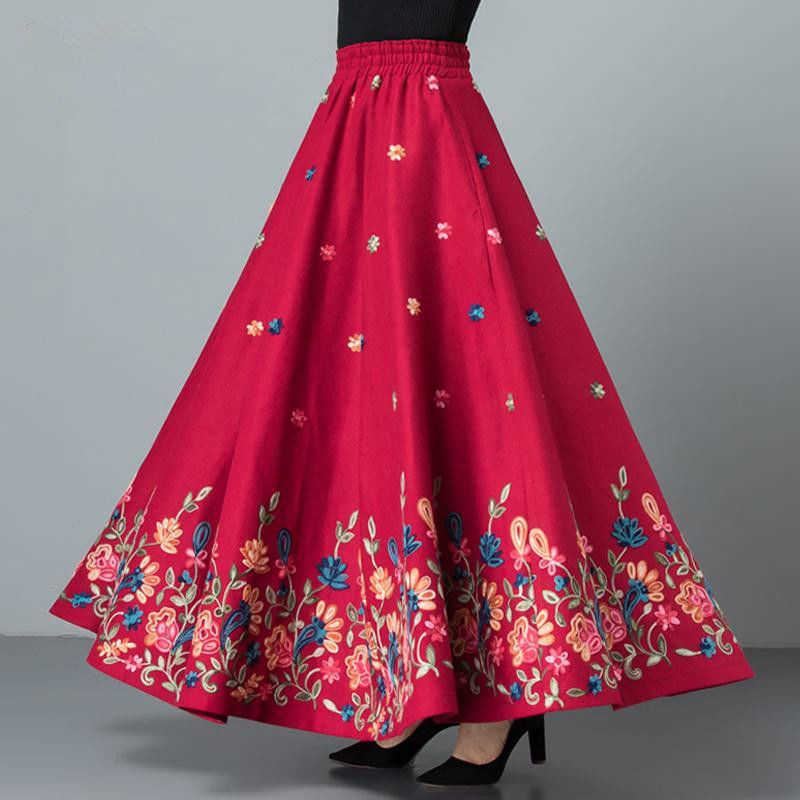 Mom elegant Embroidered Maxi pleated skirt Women Plus Size Winter Warm Woolen Long Skirt Lady High Waist Casual Wool Office saia 210619