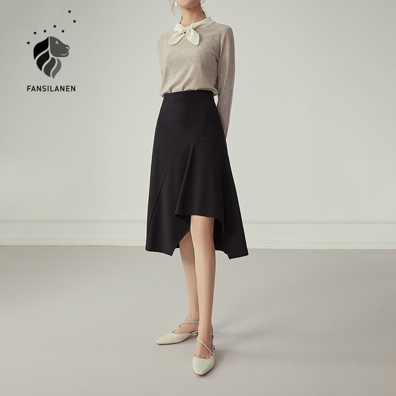 FANSILANEN Asymmetrical ruffle elegant black long skirt Women high waist autumn sexy a-line skirt Female slim vintage skirt 210309