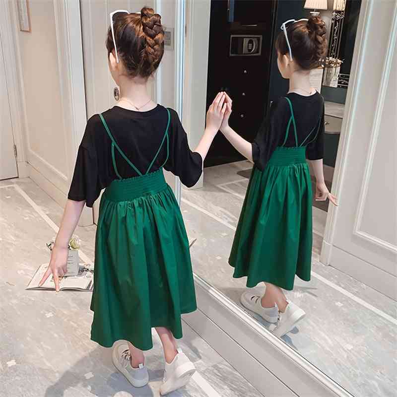 Children Clothes Solid Tshirt + Dress Teenage Girls Clothing Summer Kids Casual Style Kid 6 8 10 12 14 210528