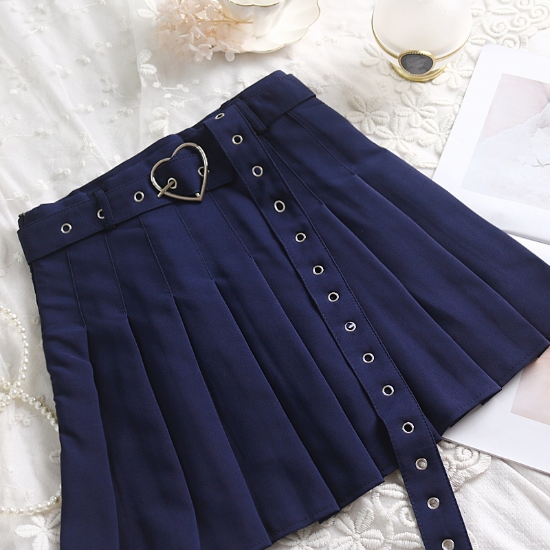 New Summer Women Pleated Skirt High Waisted Heart Shape Sashes Women Pleated Short Skirt High Quality 210309