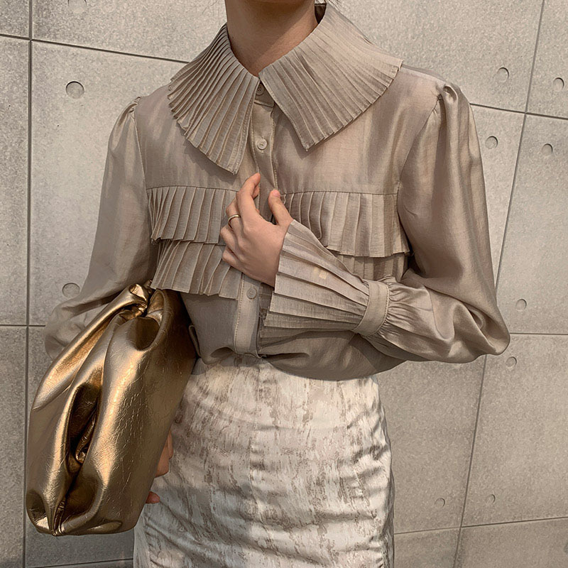 Pleated Blouse See Through Shirt Women Spring New Fashion Blouse Turn-down Collar Single-breasted Loose Tops Blusas Elegant 210225