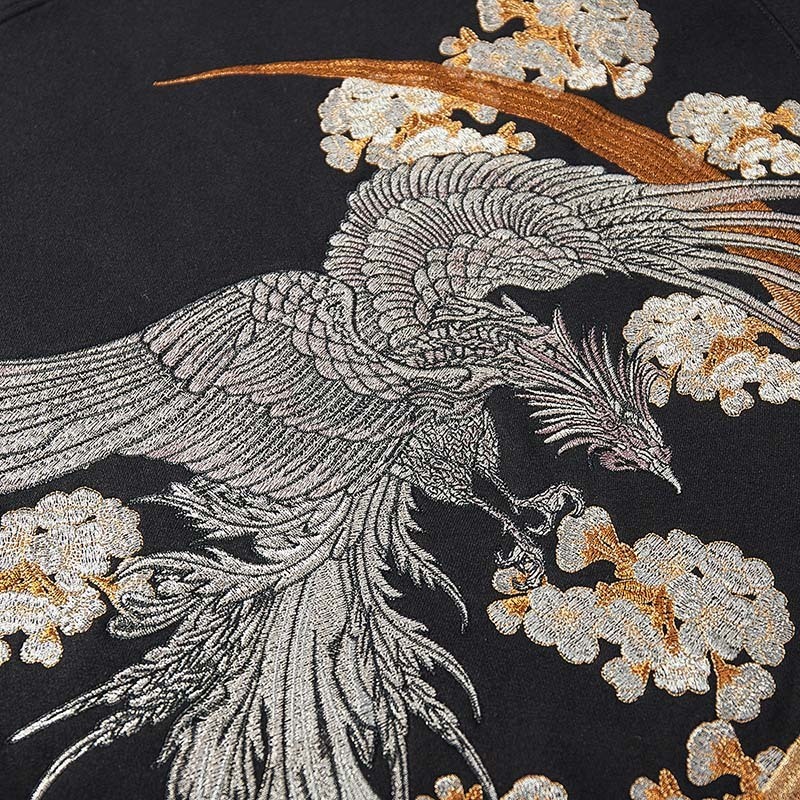 Mens Hip Hop Streetwear Hoodie Chinese Style Dragon Phoenix Embroidery Pullover Autumn Cotton Fleece Floral Sweatshirt 201126