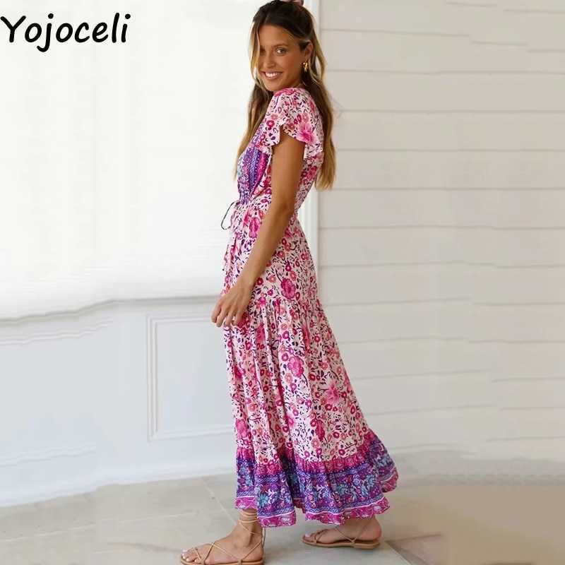 Yojoceli Elegant boho print ruffle wrap dres Summer sexy v neck beach long Casual cool bohemian maxi vestidos 210609