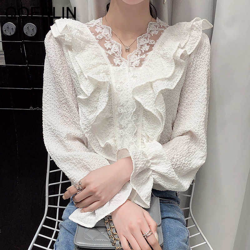 XL Embroidered Lace Blouse Ruffle Flared Sleeve Shirt Female Spring Elegant Loose Casual V Neck Plus Size 210601