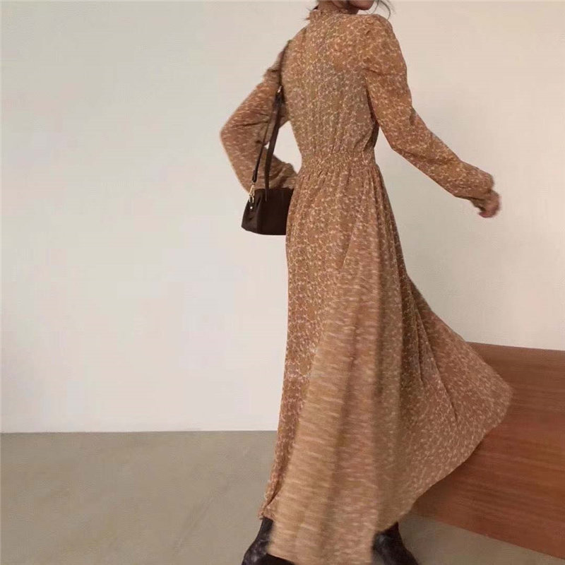 HziriP Style Retro Chic Office Lady Elegant Print ALine Floral Gentle FullSleeved WaistControlled Long Dresses 210309