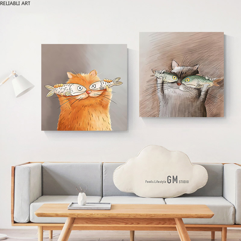 Nordic Modern Wall Art Canvas Painting Cartoon Cat With Fish Posters And Prints For Kids Room Cute Animal Home Decoration