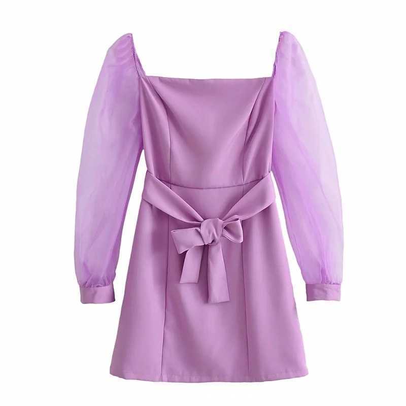 DEAT Women Patchwork Bandage Dress Square Collar Long Sleeve Arrivals Lady Temperament Fashion Spring Autumn 11D1692 210709
