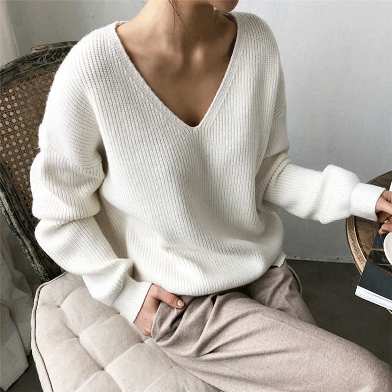 Aachoae Womens Sweaters Autumn Winter Casual V Neck Women Pullover Sweater Solid Long Sleeve Loose Knitted Cashmere Top 210914