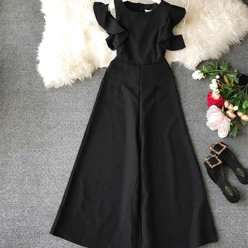 Summer Elegant Jumpsuits Women Slim High Waist Ruffle Sleeved Irregular Strapless Playsuits Womens Casual Wide Leg Black Romper T200509