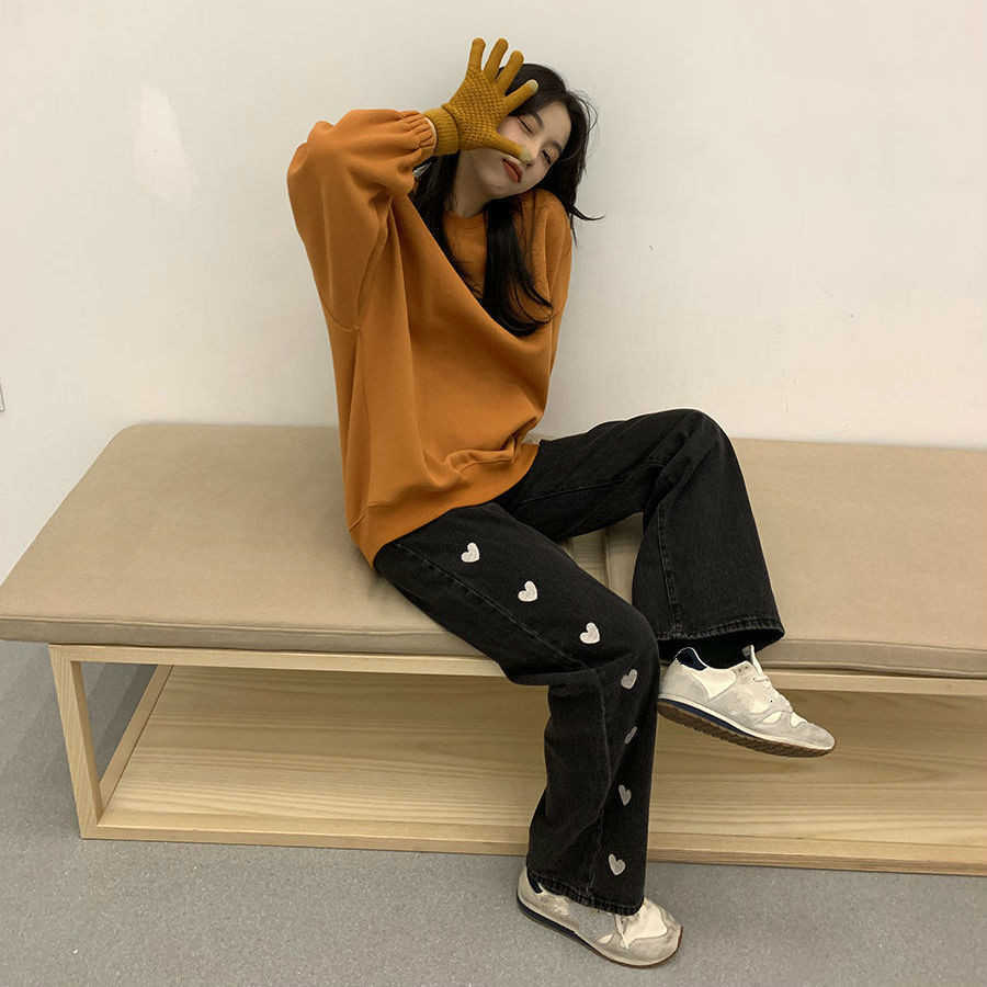 Love Heart Embroidery Jean Casual Straight Loose Denim Pants Female Korean Style High Waist Pantalones Femme 210809
