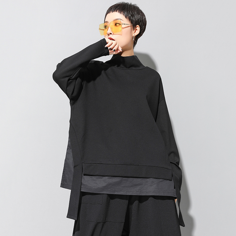 [EAM] Loose Fit Asymmetrical Oversized Sweatshirt New High Collar Long Sleeve Women Big Size Fashion Spring Autumn 19A-a124 201102